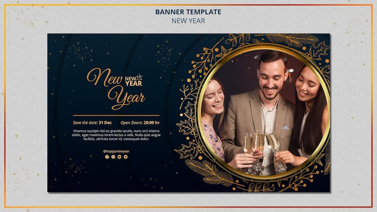 Gratis PSD sjabloon voor nieuwjaarsbanner met gouden details