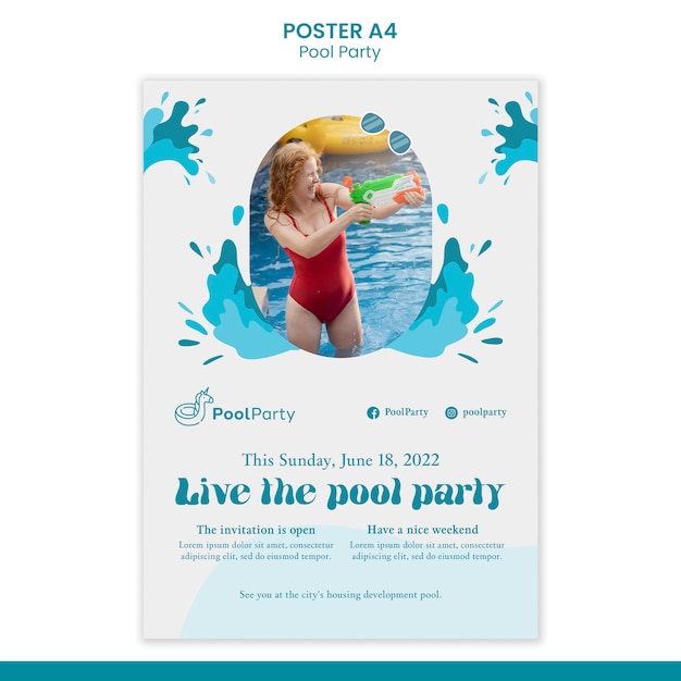 Gratis PSD sjabloon voor poster met plat ontwerp voor zwembadfeest