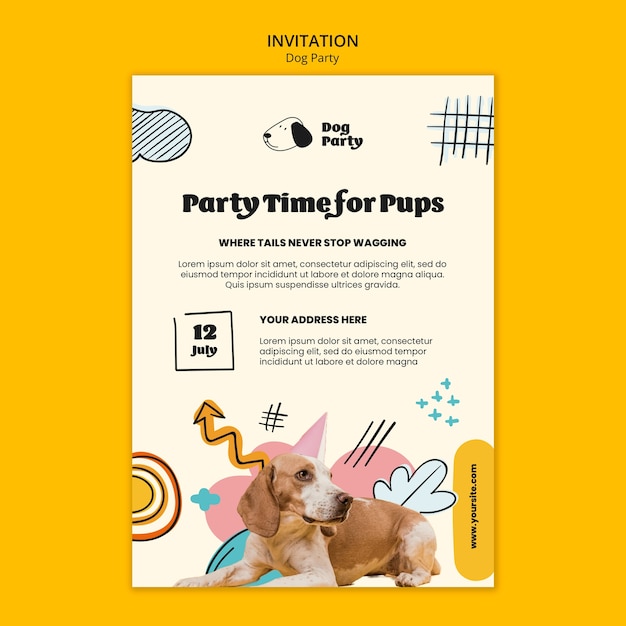 Gratis PSD sjabloon voor uitnodigingen voor hondenfeestjes in plat ontwerp