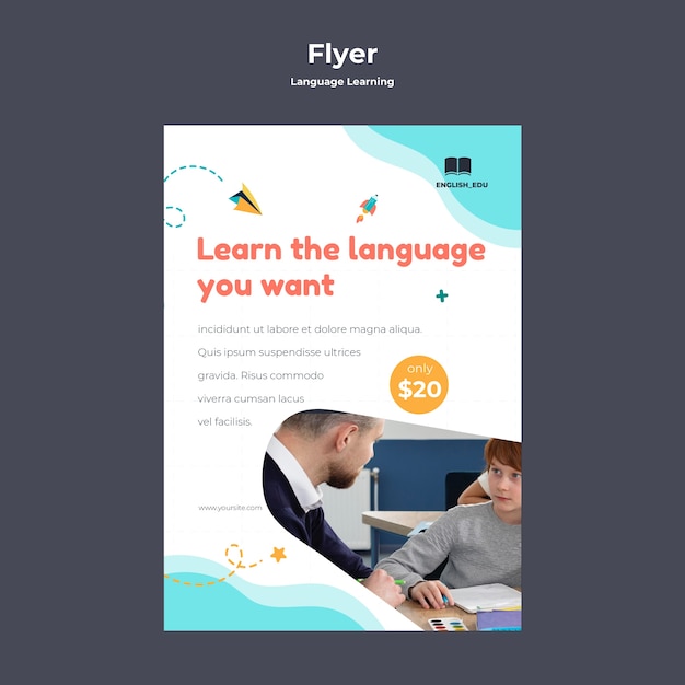 Gratis PSD sjabloon voor verticale flyer voor lessen in vreemde talen