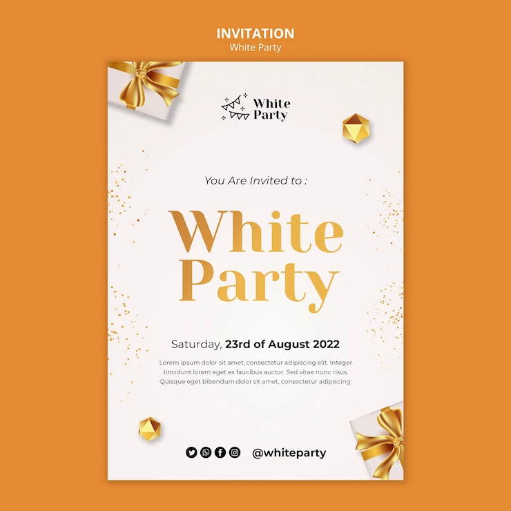 Gratis PSD sjabloon voor witte feestuitnodiging met gouden geschenk en lint