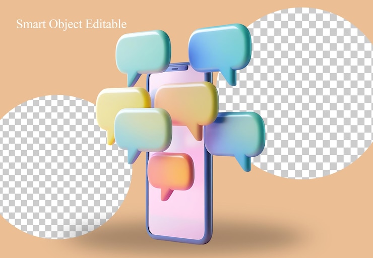 PSD gratuito smartphone con bolle di chat colorate rendering 3d