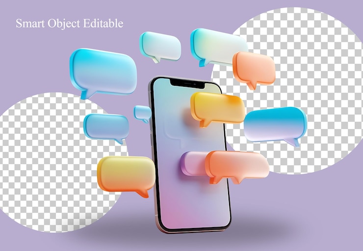 PSD gratuito smartphone con bolle di discorso colorate rendering 3d su sfondo trasparente