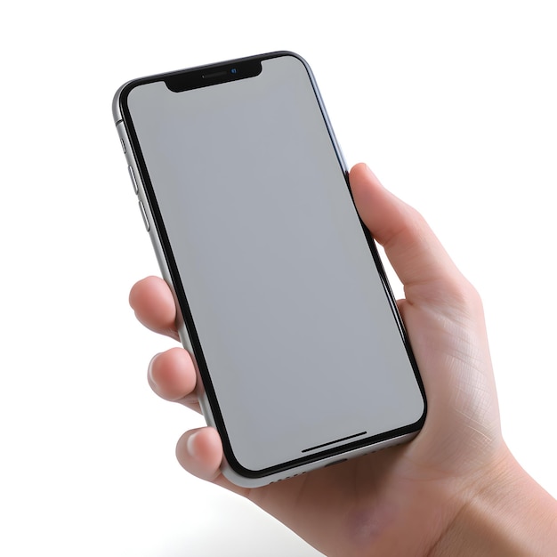 Smartphone en mano con pantalla en blanco aislada en la ruta de recorte de fondo blanco