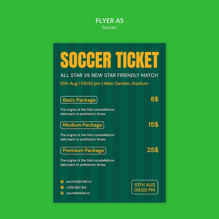 PSD gratuito soccer ticket flyer for friendly match promotion