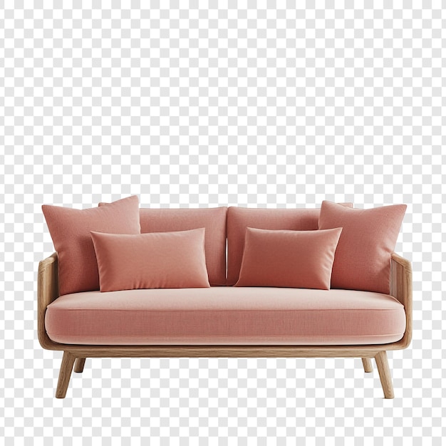 Sofá rosa moderno con patas de madera y cojines suaves