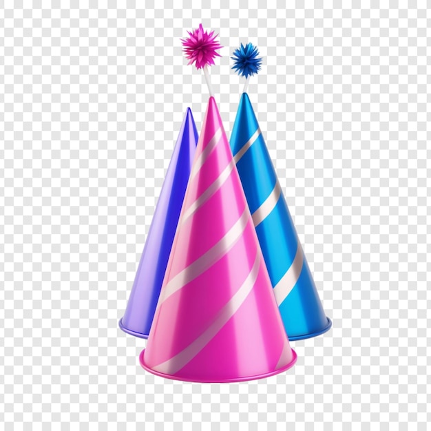 Los sombreros de fiesta rosados, azules y púrpuras celebran la alegría.