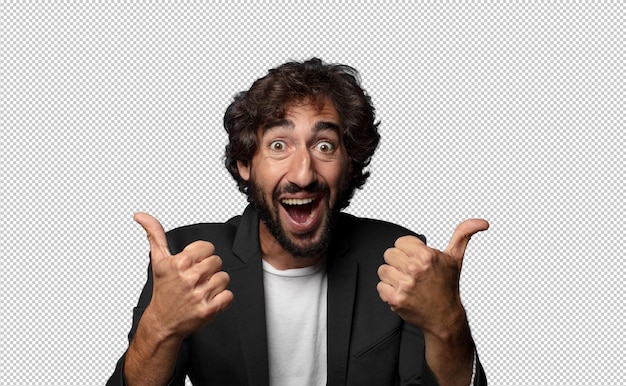 sonriendo alegremente y pareciendo feliz sintiéndose despreocupado y positivo con ambos pulgares hacia arriba