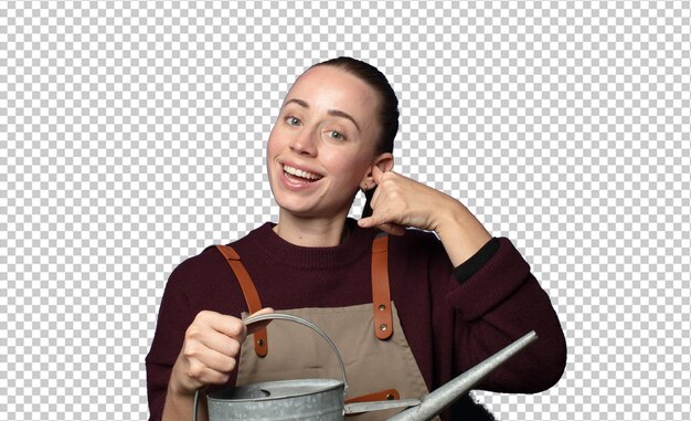 sonriendo alegremente y señalando a la cámara mientras hace una llamada más tarde gesto hablando por teléfono