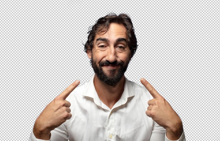 PSD gratuito sonriendo con confianza señalando su propia sonrisa amplia actitud positiva relajada satisfecha