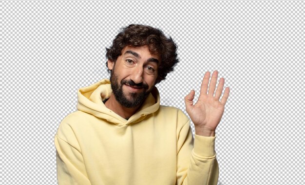 sonriendo feliz y alegremente agitando la mano dándole la bienvenida y saludándole o despidiéndose