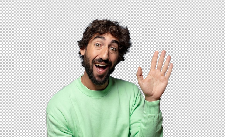 PSD gratuito sonriendo feliz y alegremente agitando la mano dándote la bienvenida y saludándote o despidiéndote