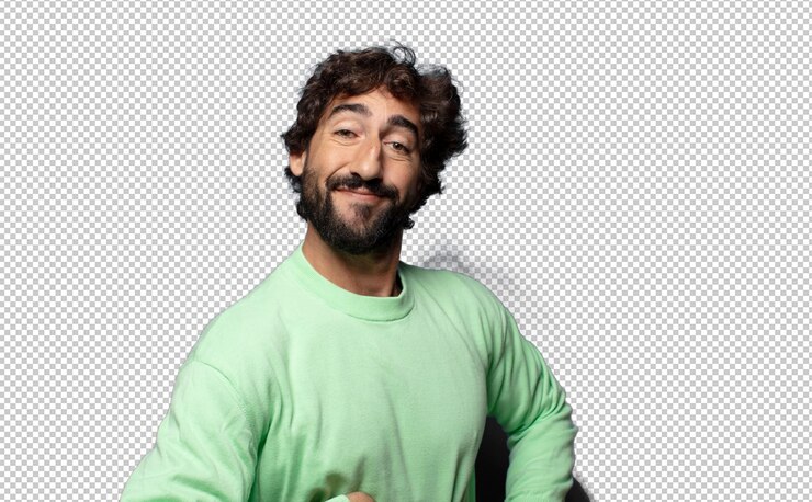 PSD gratuito sonriendo felizmente con las manos en la cadera y confiado actitud orgullosa y amistosa