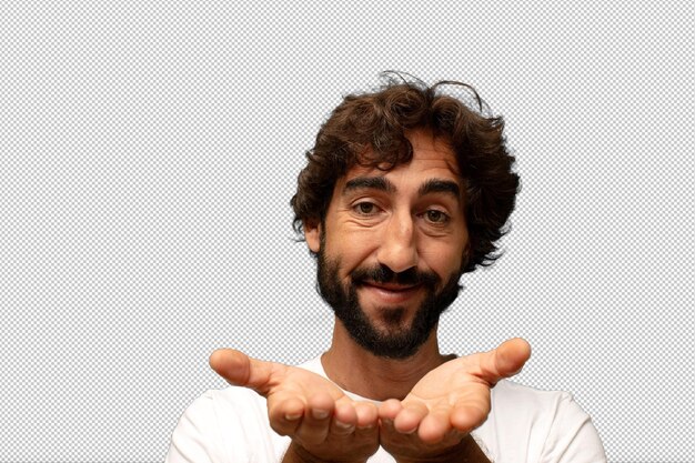 sonriendo felizmente con una mirada amistosa confiada y positiva ofreciendo y mostrando un objeto o concepto