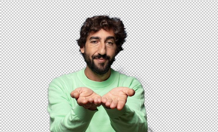 PSD gratuito sonriendo felizmente con una mirada amistosa, segura y positiva, ofreciendo y mostrando un objeto o concepto