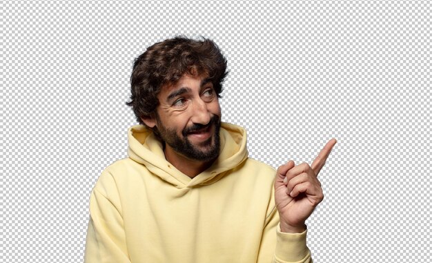 sonriendo felizmente y mirando hacia los lados preguntándose pensando o teniendo una idea