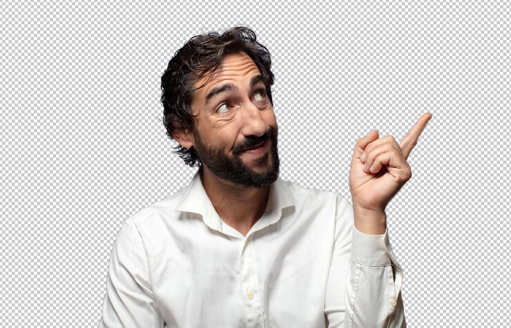 PSD gratuito sonriendo felizmente y mirando hacia los lados preguntándose pensando o teniendo una idea