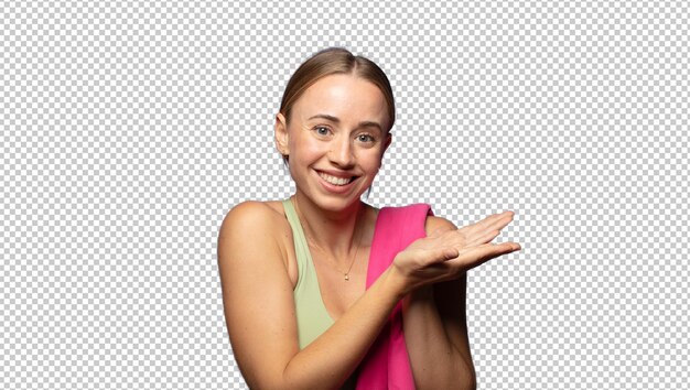 sonriendo sintiéndose confiado exitoso y feliz mostrando concepto o idea en el espacio de copia en el lado