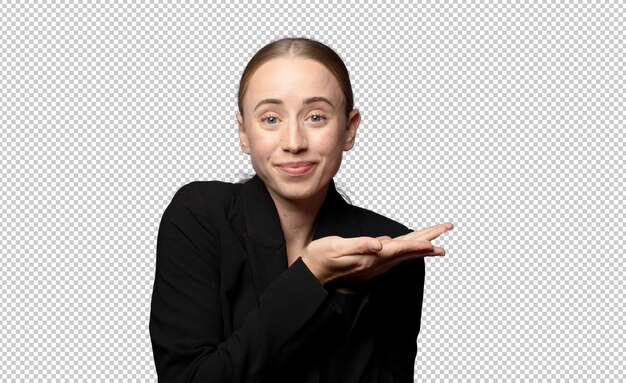 sonriendo sintiéndose confiado exitoso y feliz mostrando concepto o idea en el espacio de copia en el lado