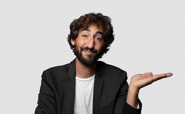 sonriendo sintiéndose confiado exitoso y feliz mostrando concepto o idea en el espacio de copia en el lado