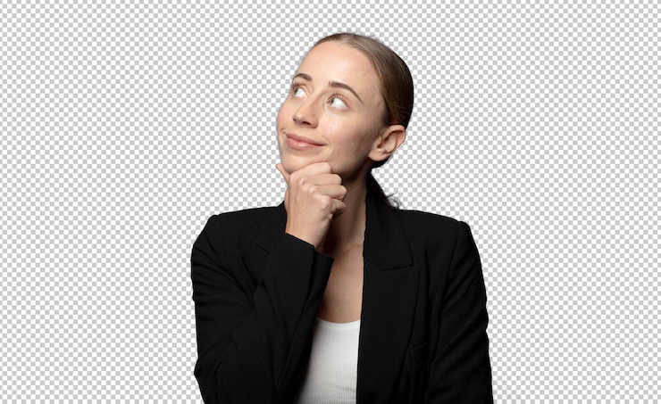 PSD gratuito sorridendo felicemente e sognando ad occhi aperti o dubitando guardando da un lato