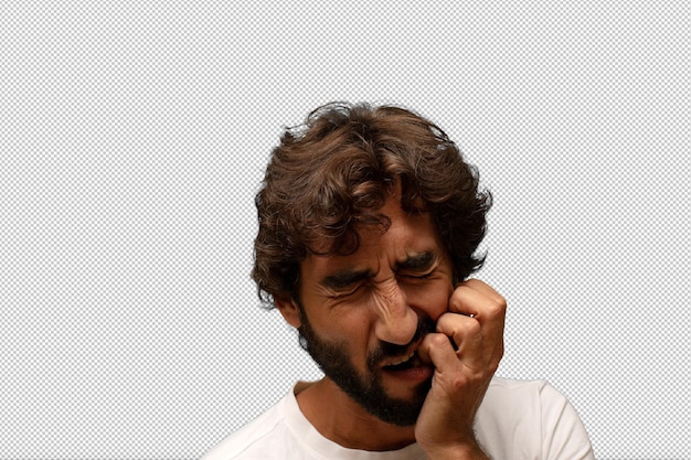 sosteniendo la mejilla y sufriendo doloroso dolor de dientes sintiéndose enfermo miserable e infeliz buscando un dentista