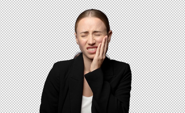 sosteniendo la mejilla y sufriendo doloroso dolor de dientes sintiéndose enfermo miserable e infeliz buscando un dentista
