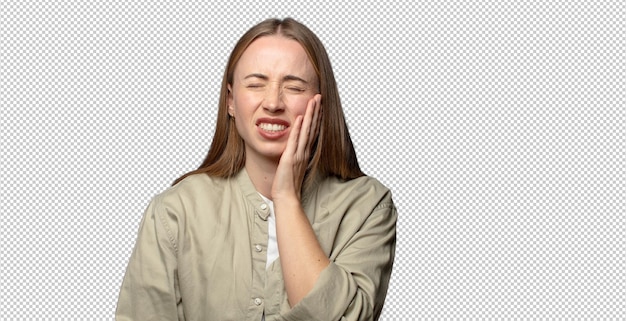 sosteniendo la mejilla y sufriendo doloroso dolor de dientes sintiéndose enfermo miserable e infeliz buscando un dentista