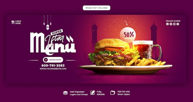Speciaal ramadan kareem-eten en iftar-menu facebook-sjabloon voor spandoek