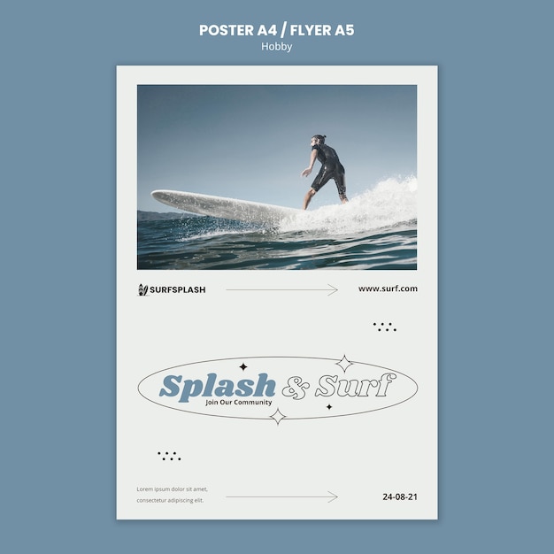 Gratis PSD splash en surf afdruksjabloon