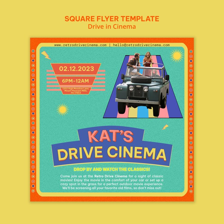 PSD Gratis square flyer template for drive-in cinema experience