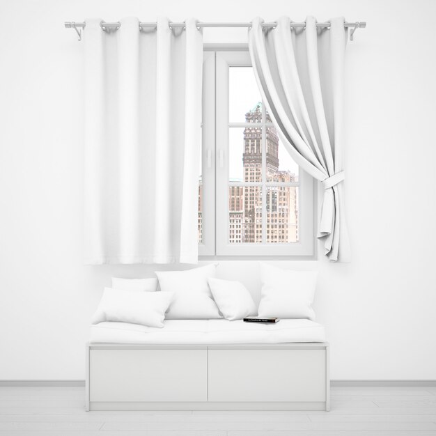 stanza bianca realistica con una finestra e un divano