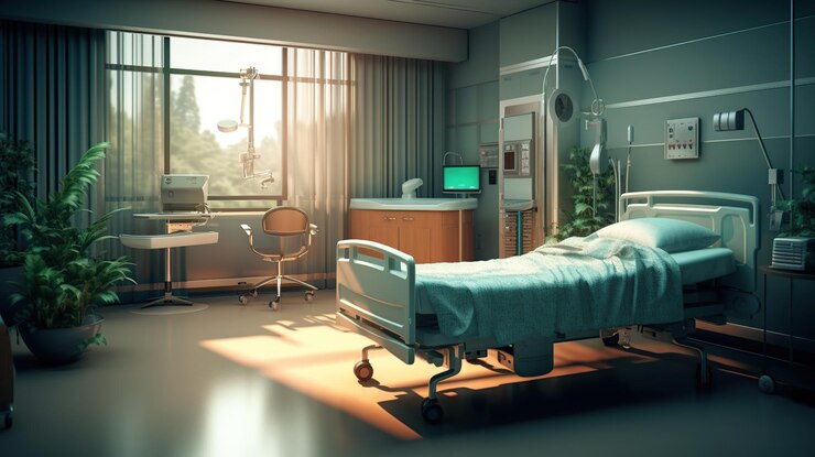 PSD gratuito stanza d'ospedale con letto e tavolo ia generativa