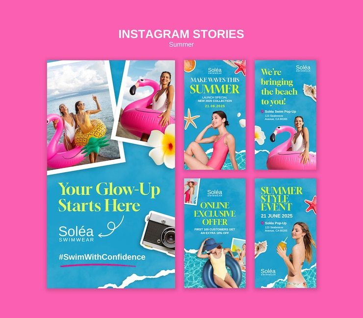PSD gratuito storie di instagram estive di costumi da bagno soléa