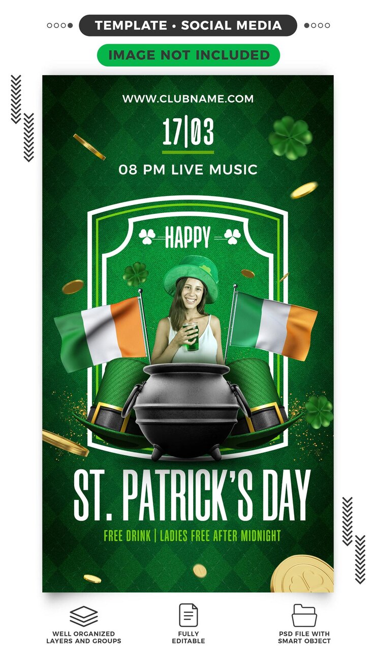 PSD gratuito storie sui social media felice giorno di san patrizio con musica e drink gratuiti