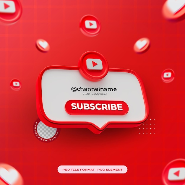 Subscribe Youtube Banner Element Icon Isolado Renderizado en 3D