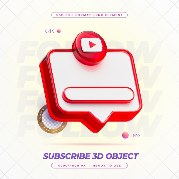 PSD gratuito subscribe youtube banner element icon isolado renderizado en 3d