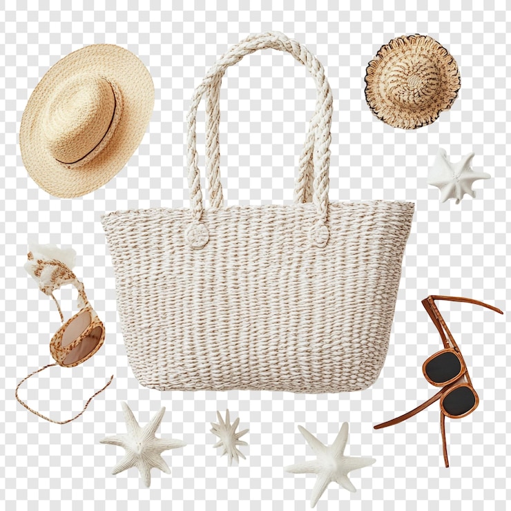 PSD Gratis summer beach bag essentials straw hats sunglasses and starfish
