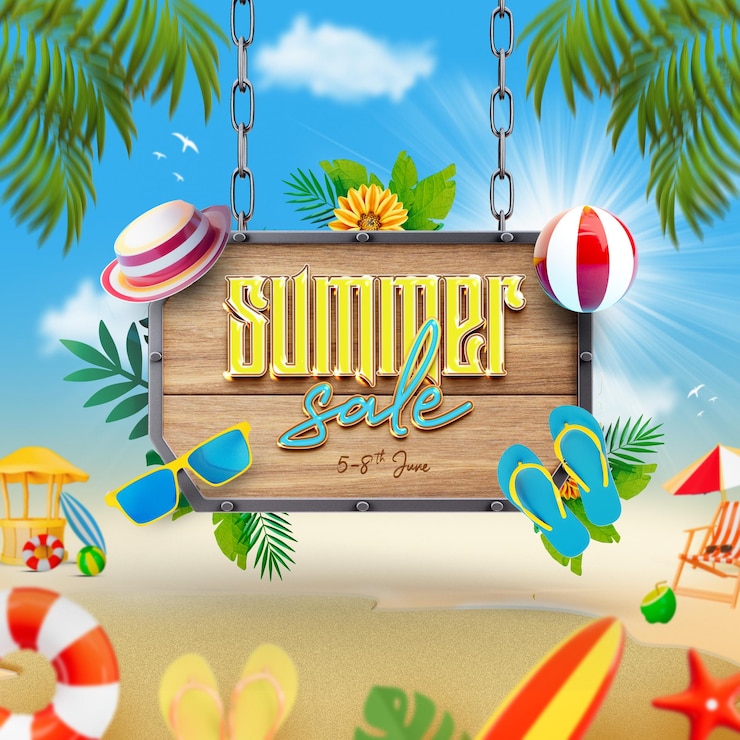 PSD Gratis summer sale social media post template with colorful beach elements
