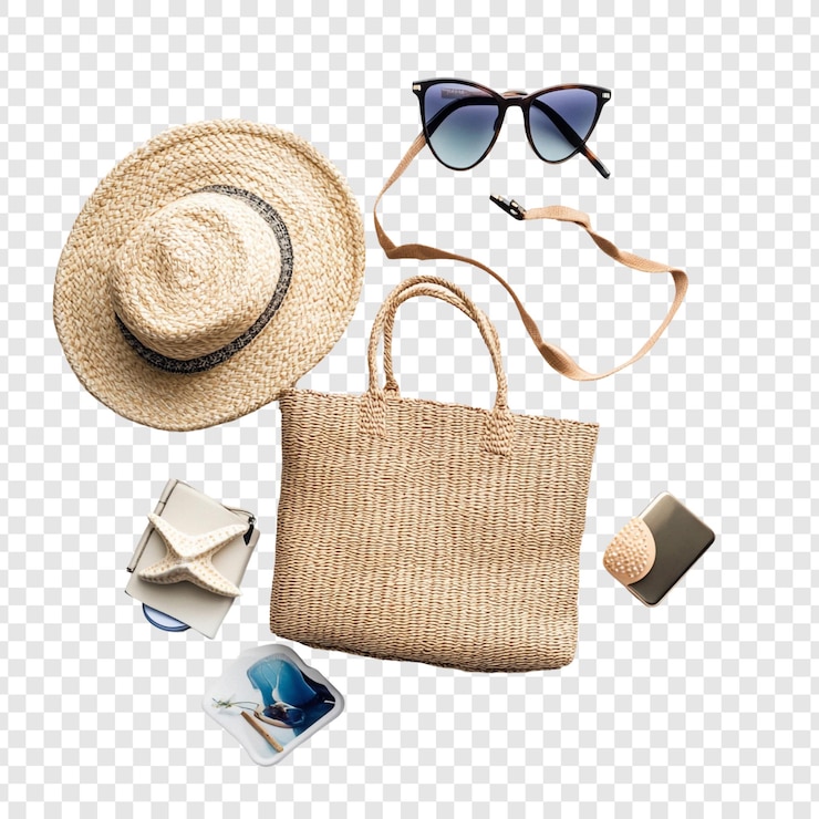 PSD Gratis summer vacation essentials straw bag hat sunglasses and seashell decor