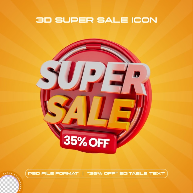 Super venta 35 de descuento banner de promoción 3d con texto editable