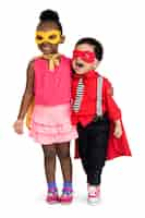 PSD gratuito superhero boy and girl costume carnival team concept