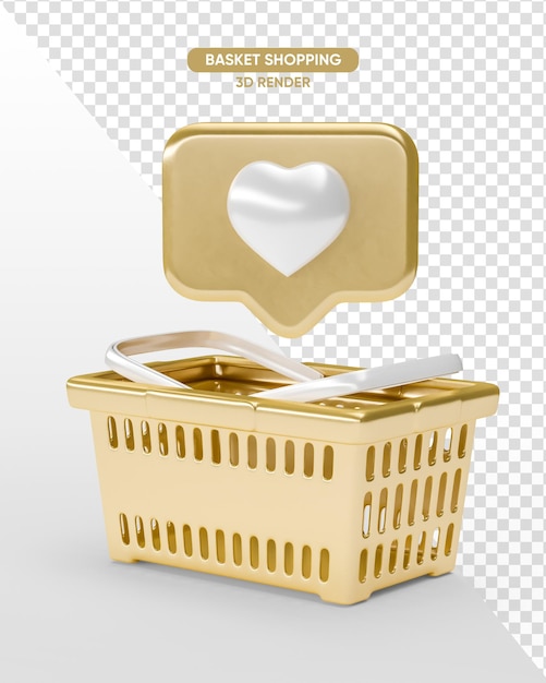 Supermercado cesta oro 3d render realista sobre fondo transparente