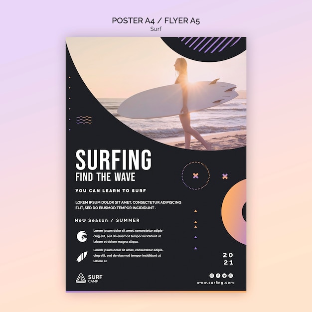 Gratis PSD surflessen poster sjabloon met foto