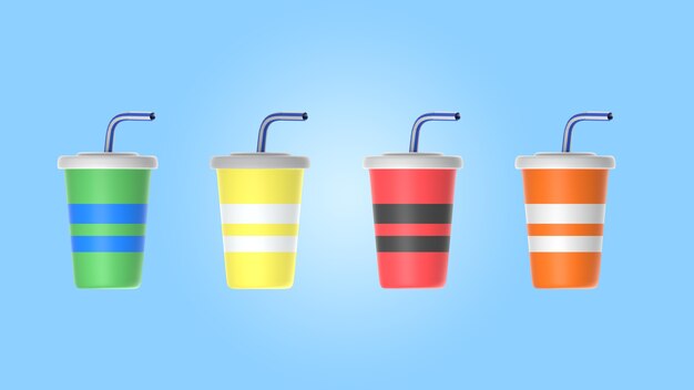 Surtido de jugo con maquetas de tazas y pajitas.