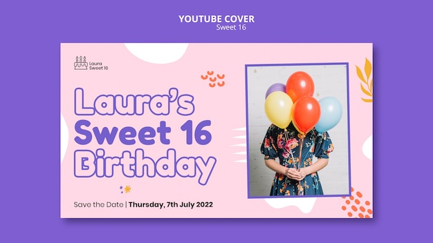 Gratis PSD sweet 16 viering youtube voorbladsjabloon met bladeren