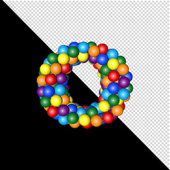 Symbool uit de verzameling letters gemaakt van ballen van regenboogkleuren op een transparante achtergrond. 3d letter o