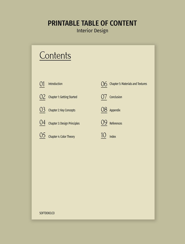 PSD gratuito tabella dei contenuti di interior design stampabile