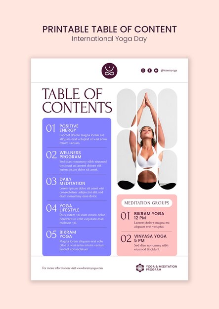 Tabla de contenidos de yoga impresible