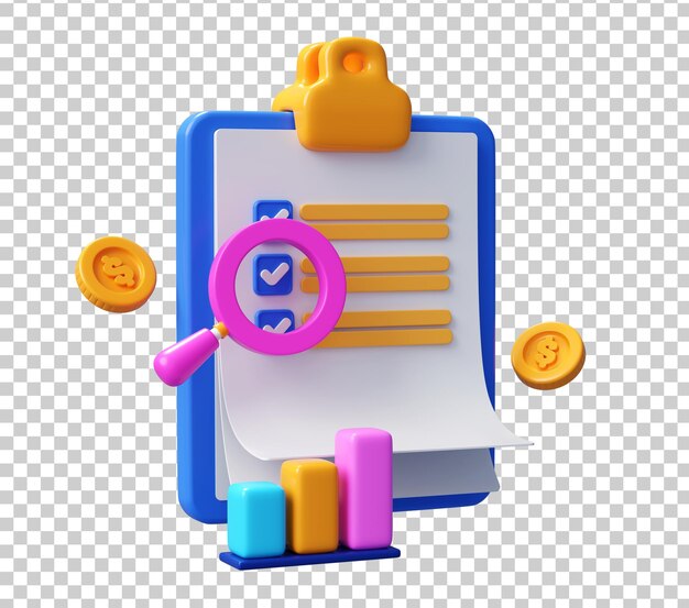 Tablero 3D con lista de comprobación, lupa y monedas